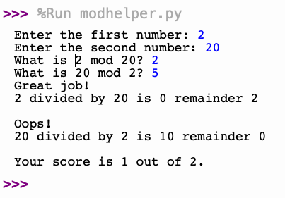 modhelper Interactive Sample Output