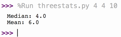 Sample output for threestats.py. Note that 4 4 10 are command line arguments specified in the Program arguments box in Thonny.