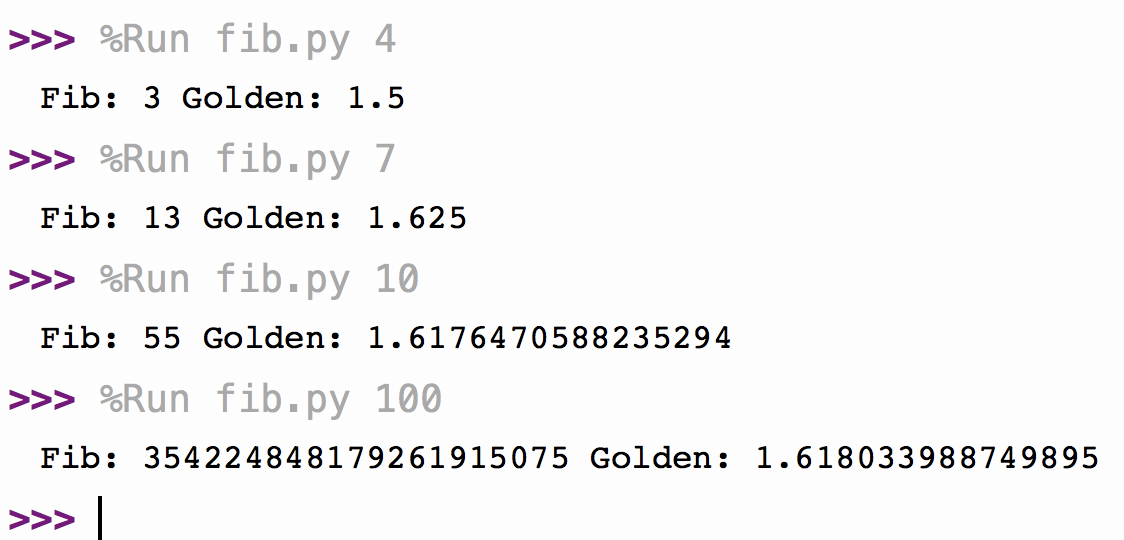 Sample runs of fib.py