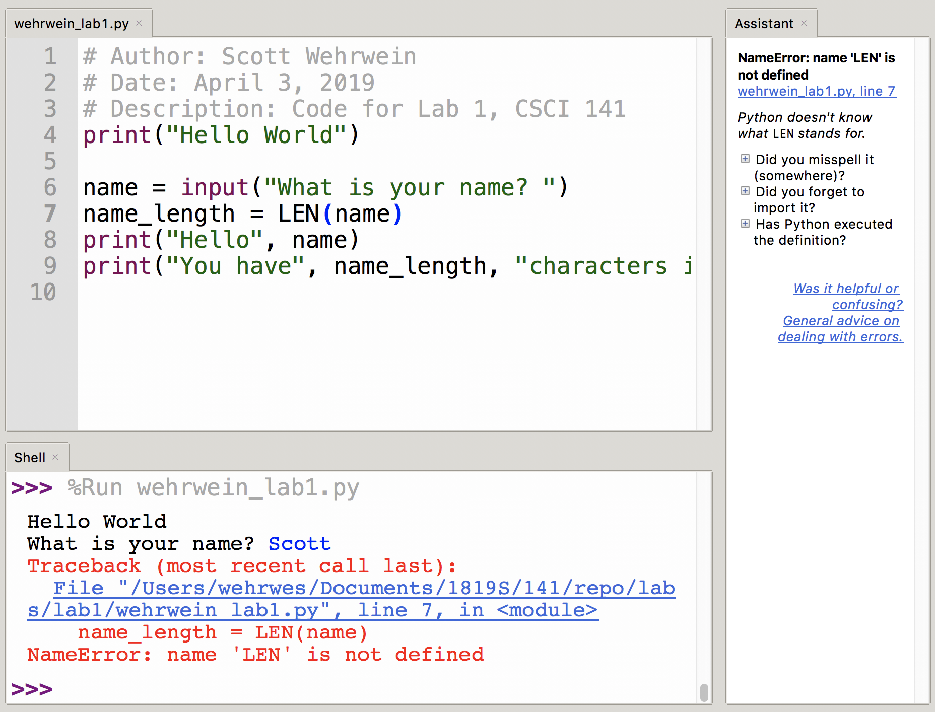 Sample Error Message output by python