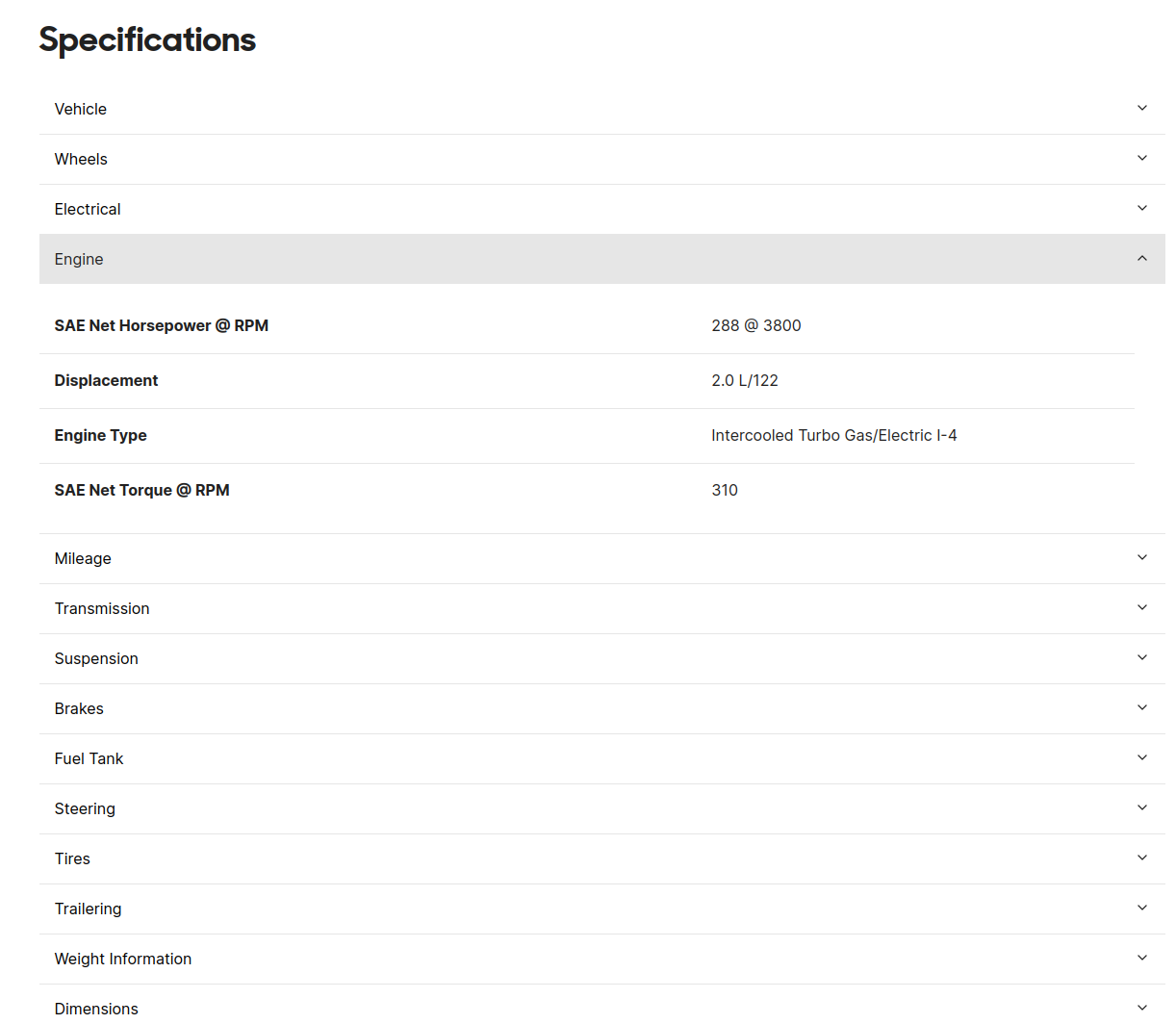 Specifications page example