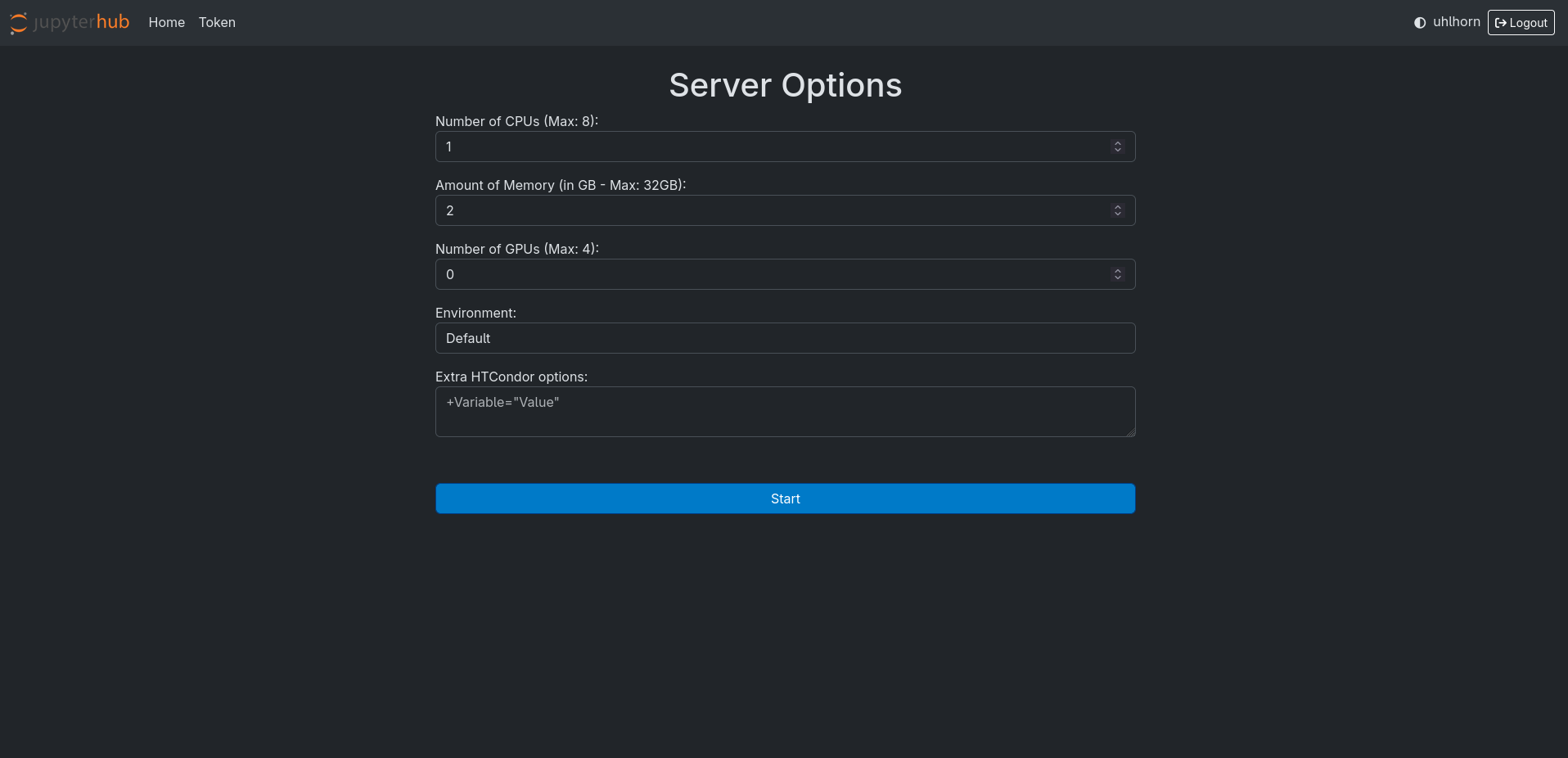 JupyterHub Server Options Screen with the following fields: “Number of CPUs (Max: 8)”, “Amount of Memory (in GB - Max: 32GB)”, “Number of GPUs (Max: 4)”, “Environment”, “Extra HTCondor options”