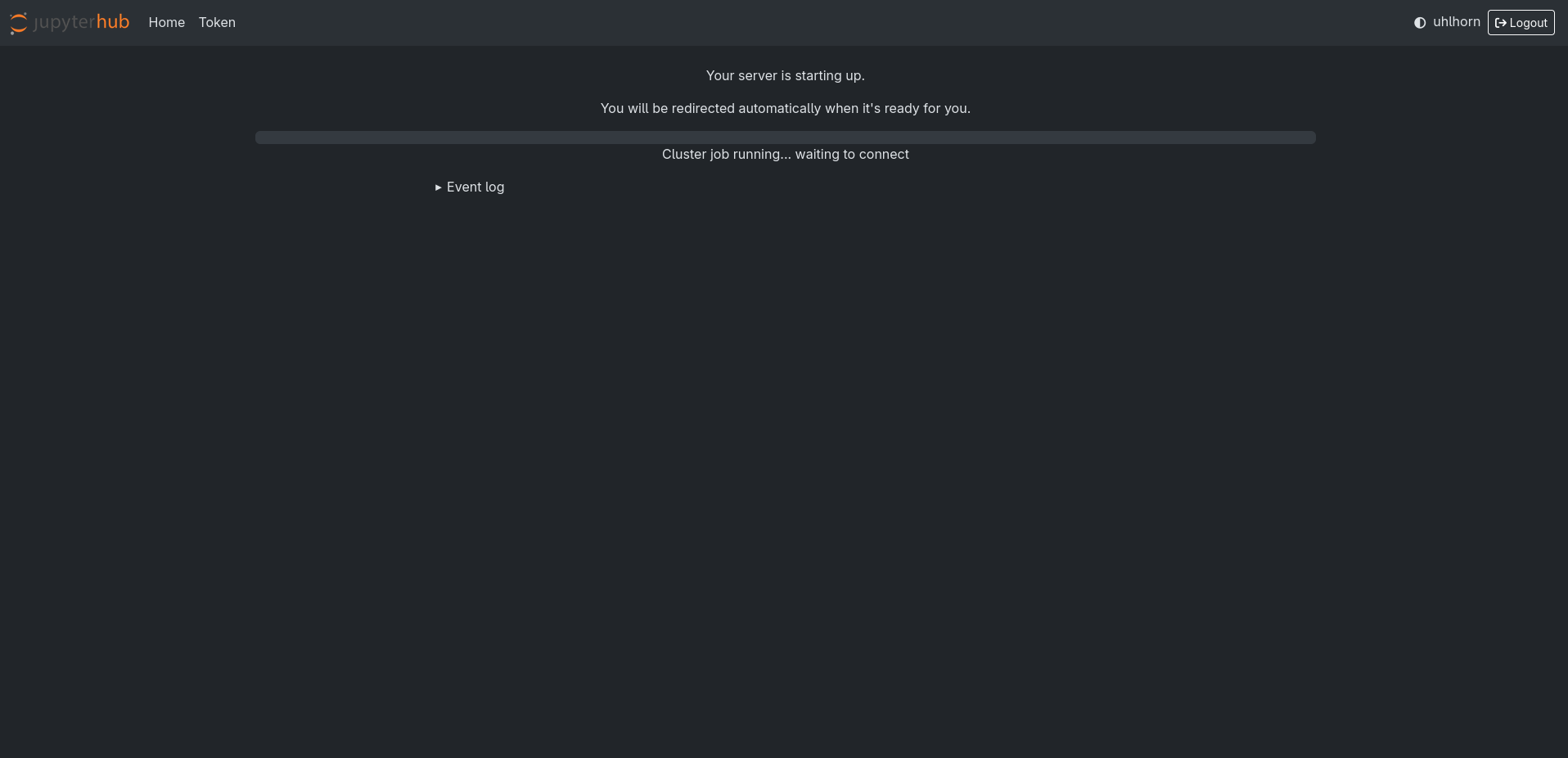 JupyterHub Server startup screen, consists of a loading bar and expandable event tab