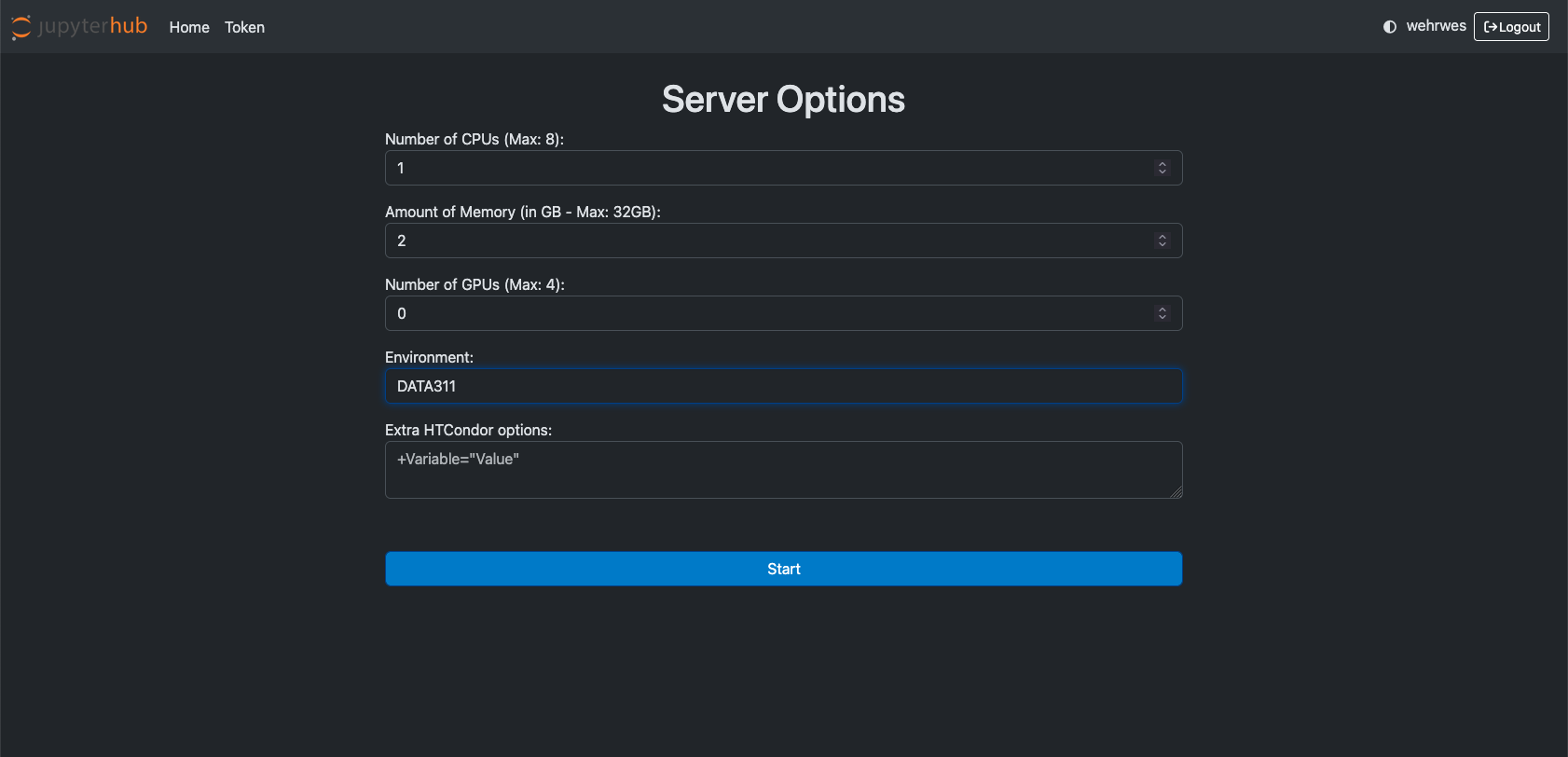 JupyterHub Server Options Screen with the following fields: “Number of CPUs (Max: 8)”, “Amount of Memory (in GB - Max: 32GB)”, “Number of GPUs (Max: 4)”, “Environment”, “Extra HTCondor options”